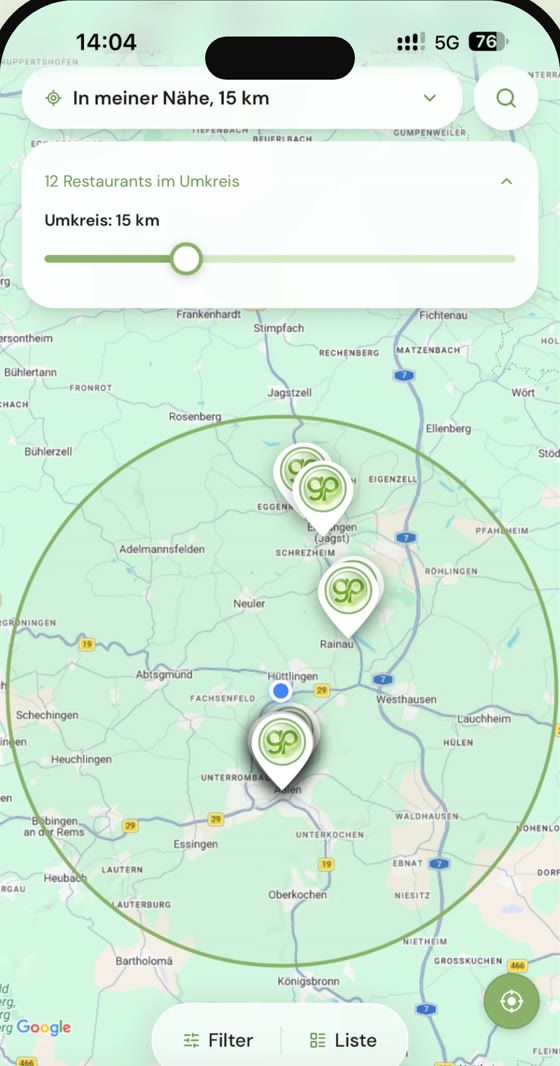 Restaurants und Bars in der Nähe auf der Karte der pistazz.io App