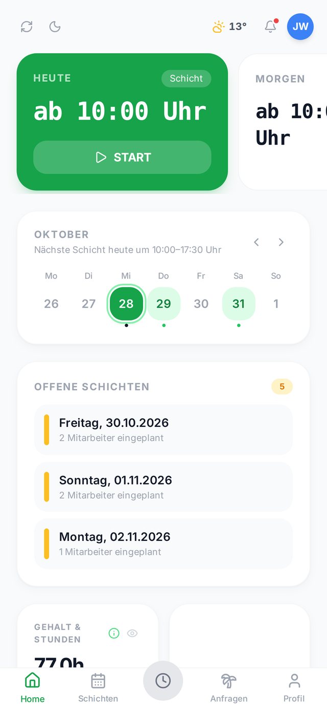 Team Work App: heutige Schicht und Stempeln für Mitarbeiter