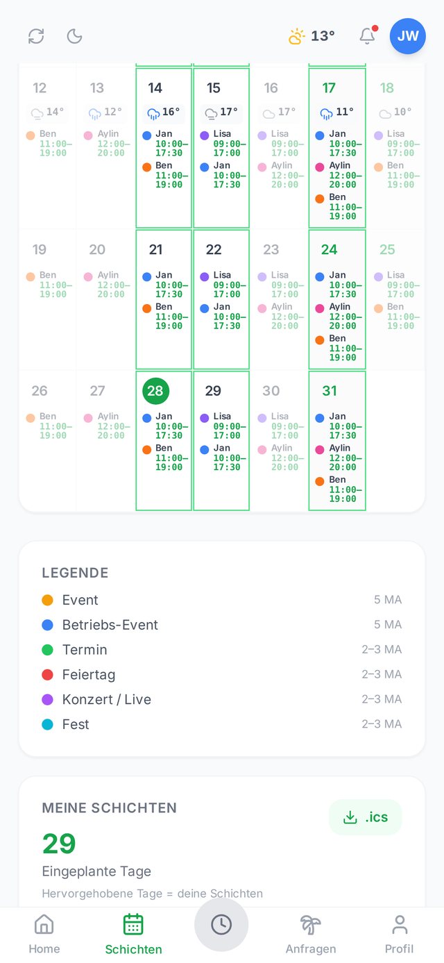 Team Work App: Schichten im Kalender
