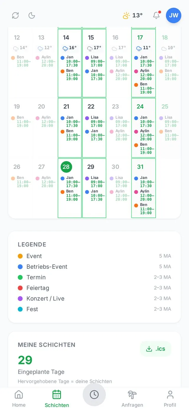 Team Work App: Schichten im Kalender